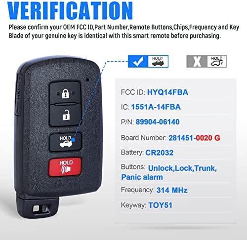 Keymall entrada sem keyless prox smart prox remoto key fob substituição para tyra Avalon Camry Corolla 2013-2018 4 botões