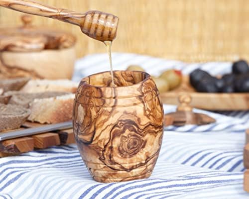 Kamsah Olive Wood Honey Pot Jar com tampa e bastão de dipper. Recipiente de madeira feito à mão. 3 peças para casa e cozinha.