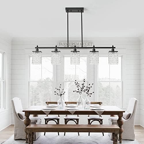 Isramp Linear Crystal Lustre Kitchen Island Light, iluminação de pendente de metal preto moderno para a ilha da cozinha, 5 luzes de