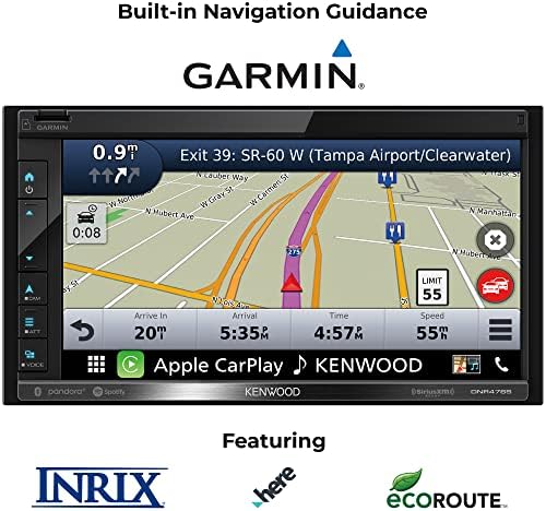 Kenwood DNR476S 6.8 Estéreo de carro, navegação Garmin construída, serviço de tráfego Inrix, CarPlay e Android Auto, Bluetooth,
