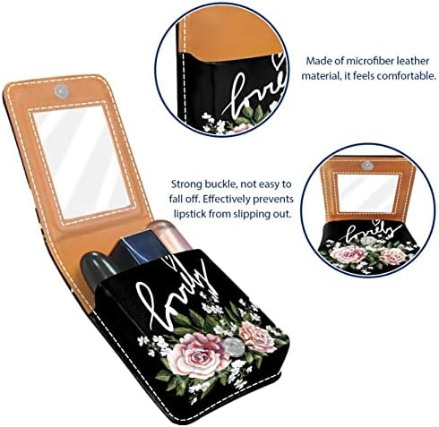 Mini estojo de batom com espelho para bolsa, Roses Pink Roses Organização de porta -case portátil