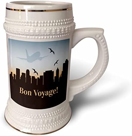 3drose uma silhueta da paisagem urbana contra um sol poente com Bon Voyage. - 22 onças de caneca