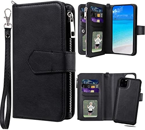 Jzases Case para iPhone 11 Pro Max, 2 em 1 Caixa de carteira destacável por 1, capa de telefone de couro PU com porta -cartão para iPhone 11 Pro Max, preto