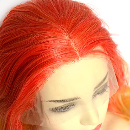 Perucas frontais de renda laranja vermelha blupada ombre amarelo cor mista misturada longa ondulação natural meia mão com amarração de cabelos sintéticos perucas de reposição de 24 polegadas para mulheres show de festa