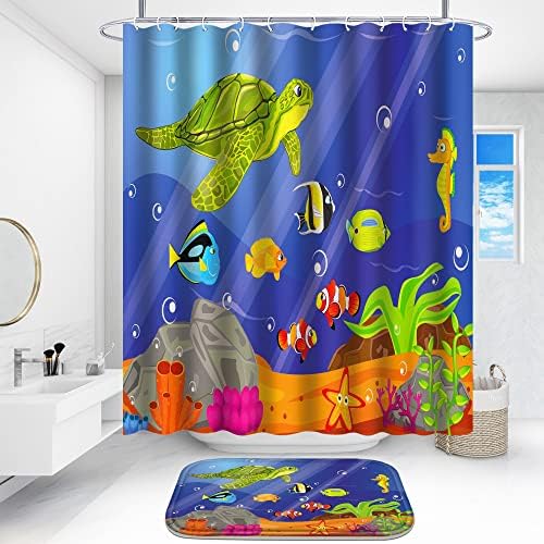 Poedist 4 PCS Conjunto de cortinas de chuveiro do banheiro, conjuntos de banheiros infantis com tapetes e 12 ganchos, sob o mar-01