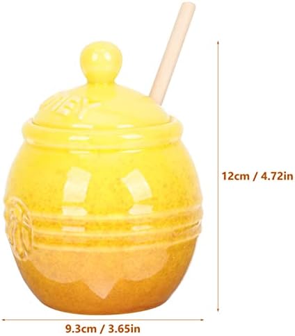 Lioobo Crumppets Conjunto de 2 panela de mel cerâmica com molho de madeira e tampa, amarelo jarra de mel abelha recipiente