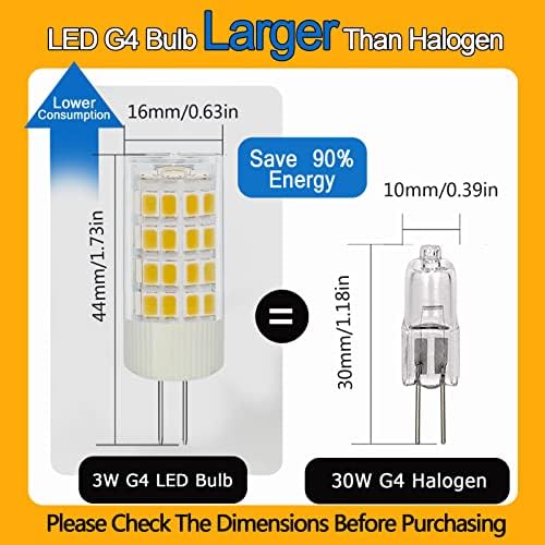 Substituição de lâmpada LED 3W G4 LED 12V para lâmpada de halogênio de 20W-30W para lâmpadas bi-pinos da base JC tipo pin/iluminação de pista/lustres/luzes de destaque, brancos quentes 3000k não minimizáveis, 5-pacote