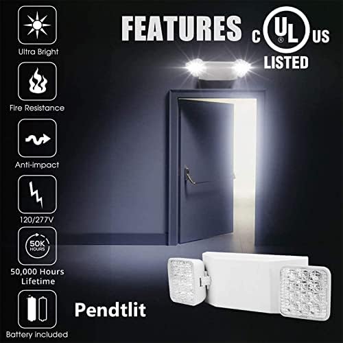 Luz de emergência comercial Pendtlit, luminária de emergência branca e certificada com 2 baterias quadradas de cabeças LEDs Ajuste