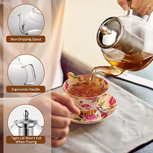 Hiware bule de vidro de 1000ml com infusor removível, chaleira de chá segura para fogão, florescimento e fabricante de chá de