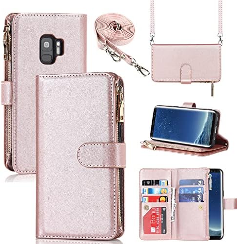 SailorTech Samsung Galaxy S9 Caixa de telefone da carteira 9 Cartão 1 Carteira de moeda com zíper 2 Cash Slot Slot Flip Flip Cover Pink