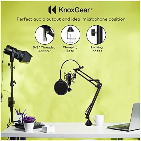 Knox Gear Boom Arm Microfone Stand para podcasts, gravação de estúdio, transmissão de rádio e jogos, suporte de mesa de