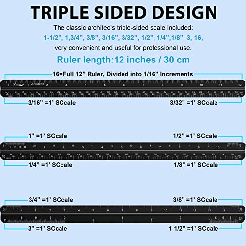 Régua de escala do arquiteto 12 A régua de desenho de triângulo gravada a laser e 2 pcs régua de aço inoxidável com polegadas e graduação