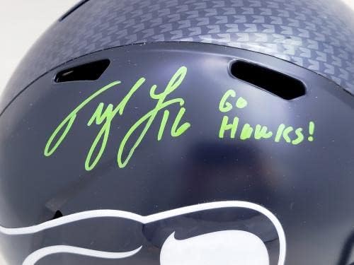 Tyler Lockett autografou Seattle Seahawks azul de réplica de velocidade máxima Go Hawks! MCS Holo #54447 - Capacetes NFL autografados