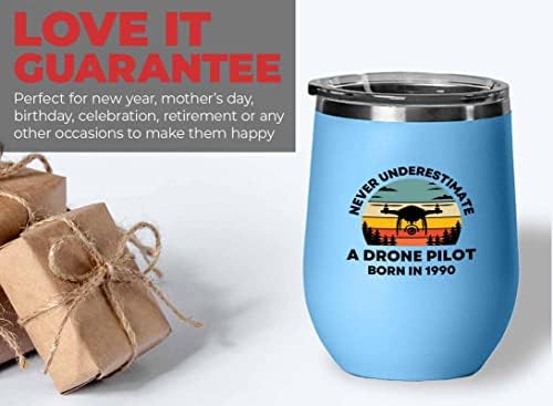 Drone Pilot Blue Wine Tumbler 12oz - Piloto de drones Nascido em 1990 - Drone Pilots Aviation RC Quadcopter Operator Airline Girando 32 32º aniversário nascido em 1990