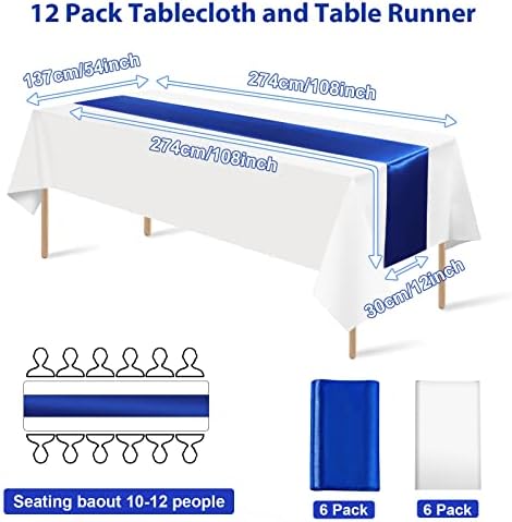 12pcs 12x108 polegadas de mesa de cetim Runner e 53x108inch toalhas de mesa de plástico azul royal e branco Retângulo descartável Tampa de mesa para graduação para o casamento de noiva do casamento Decorações de festa de aniversário