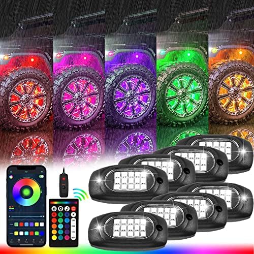 Luzes de rocha LED RGB para caminhões, 8pods kit de luz de neon de neon multicolor para caminhões com controle remoto de aplicativo Bluetooth, piscando, modo de roda de roda bem leve para UTV SUV ATV RZR Truck Acessórios