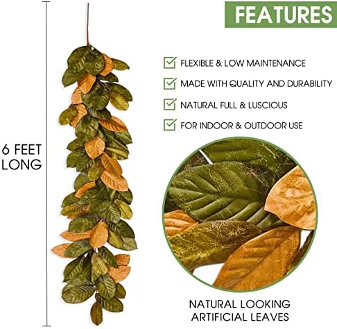 Vita domi 6ft Magnolia Leaf Garland - Garland de outono marrom e verde de dois tons para decorações de manto - folhas decorativas