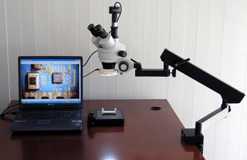 AMSCOPE SM-6TPZ-64S-3M Microscópio de zoom de estéreo trinocular profissional digital com controle de foco simultâneo, oculares WH10X, ampliação de 3,5x-90x, objetivo do zoom de 0,7x-4.5x, objetivo do zoom de 64 bulb, articular o suporte de braço articulado, 110v- 240V, inclui lentes Barlow de