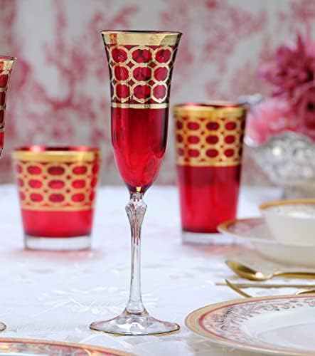 Lorren Home Trends Deep Red Colored Champagne Flautes com anéis de ouro, conjunto de 4