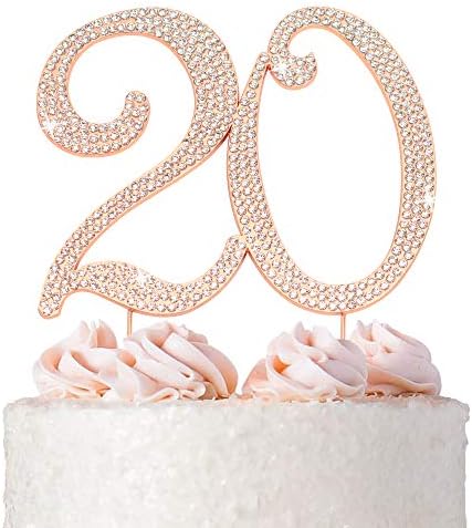 20 Cake Topper - Metal de ouro rosa premium - 20º aniversário ou festa de aniversário Decoração de shinestone Faça uma ótima peça central - agora protegida em uma caixa