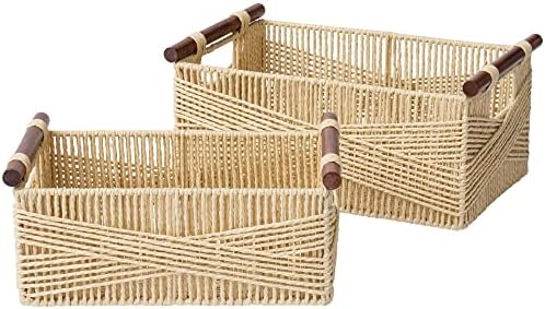 La Jolie Muse Wicker Storage Cestas para organizar, cesta de corda de papel reciclável com alças de madeira, organizadores