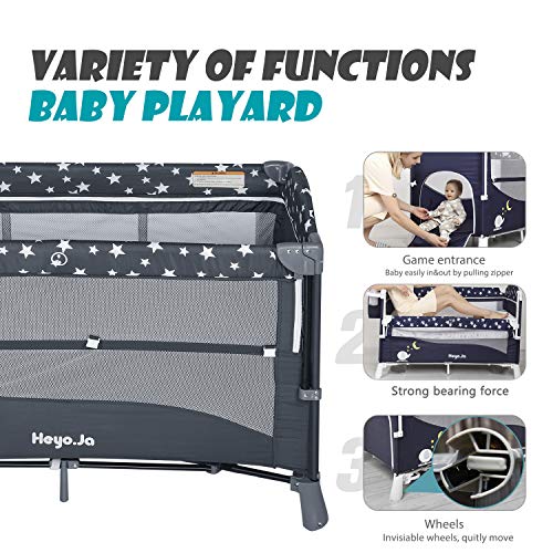 Heyo.ja portátil Baby Playard, 4 em 1 pacote conversível e brinque com bassinet, berçário com colchão confortável, 5 altura ajustável