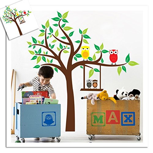 Cartoon de parede corujas fofas balançando em um adesivo de parede removível grande árvore verde decalque, crianças, crianças, quarto de bebê berçário DIY adesivo decesivo de parede de arte mural
