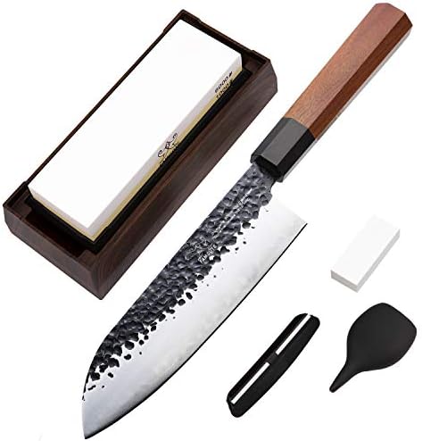 FAMCüte 7 polegadas Profissional Santoku Faca, com 3 camadas 9CR18MOV Aço revestido com faca de chef de alça de octógono com 1000/6000 2 nitidez lateral de gestão profissional whetstone