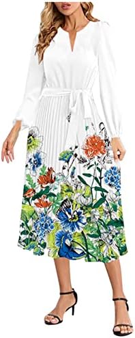 Ayaso Women Women sem mangas cinto com cintura oca pescoço A-line Print Swing Swing Pleated Party Summer Casual Beach Dress