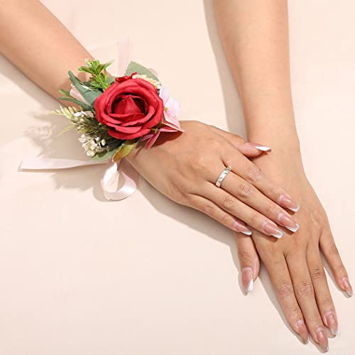 Latious Wedding Bride Wrist Corsage Red Wrist Flower Flowergirl Flores da mão Acessórios de festas de baile de noiva para mulheres e meninas