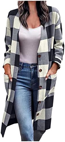 Jaqueta de Shacket feminina Button xadrez casual aberto front front longa cardigã de manga longa com suéter de bolso de bolso cardigan