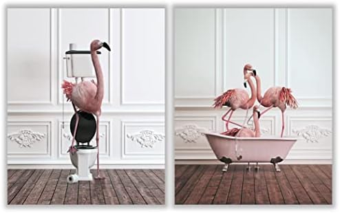 Arte de parede de flamingo de banheiro engraçado - conjunto sem moldura de 2 - decoração de quarto rosa flamingos, decoração de parede do banheiro, decoração infantil de banheiro, animais flamingos imagens para banheiro engraçado e banheiro, animal tropical decoração