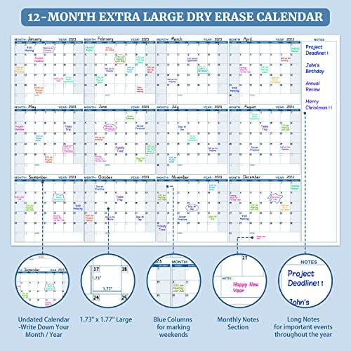Grande calendário de apagamento seco para parede-apatação anual do calendário de parede, 37 x 57,9, 12 meses sem data