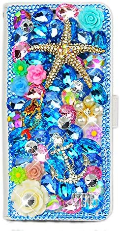 STENES Galaxy Note 3 Caso - Stylish - 3D Made Bling Bling Crystal Starfish Mermaid Anchor Flor Magnética Carteira Crédito Coloque Slots Dobra Tampa de couro para Samsung Galaxy Note 3 - Azul marinho azul