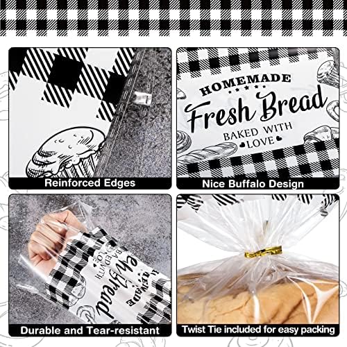 Sacos de pão para pão caseiro de Natal de pão de plástico transparente com laços de torção Buffalo preto Saco de pão de pão fresco para