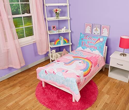 FUNHOUSE 4 peças Conjunto de roupas de cama - inclui edredom acolchoado, folha ajustada, lençol e travesseiro - design unicórnio para meninas cama