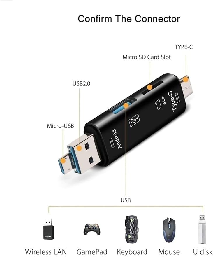 Volt+ 5 em 1 Cartão multifuncional Leitor compatível com o Realme RMX3301 possui USB tipo C/ MicroSB/ TF/ USB 2.0/ SD Reader