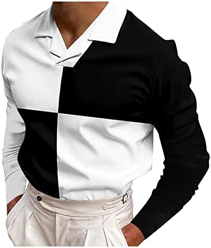 XXBR Mens Lapeel V Camisas de pescoço de manga longa listrada de retalhos de retalhos casual camisa atlética Tops de golfe