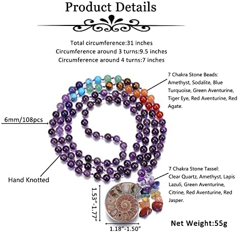 GEHECRST 7 CHAKRA STONE Colar Reiki de 6mm Cristal Cristal 108 MALA CONCH NATURAL CONCH Fossil Amonita Colar para