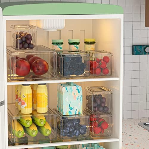 Wejipp Liber Gins Bins Armazenamento de Alimentos Organizador da geladeira empilhável com tampa Organização da geladeira BINS de armazenamento de plástico transparente BPA para frutas lanches de alimentos vegetais, conjunto de 4