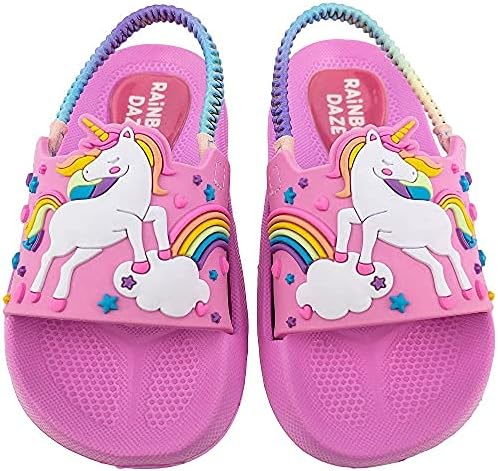 Rainbow Daze Slide Sandal, Slides moldados de sereia/tubarão/unicórnio com alça traseira elástica, tamanho da criança 5-12, roxo/azul/rosa