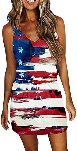4 de julho Vestidos para mulheres Vestido de tanque de bandeira dos EUA de verão com bolsos Mini vestido de verão