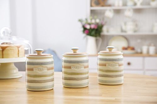 Coleção clássica da KitchenCraft Caddy de chá de cerâmica listrada, 800 ml - creme