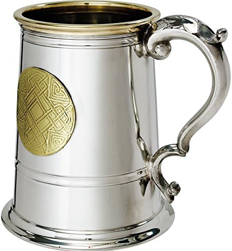 Pewter Tankard 1 Pint Celtic Gold Brass Brorl and Round Insert Ornate Handle Ideal para gravar