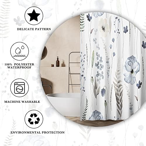 Conjuntos de cortina de chuveiro floral, cortinas de aquarela cinza azul cortinas de banheiro folhas, cortina de banho branca minimalista moderna, decoração de cortina de banho à prova d'água com 12 ganchos 72x72 polegadas
