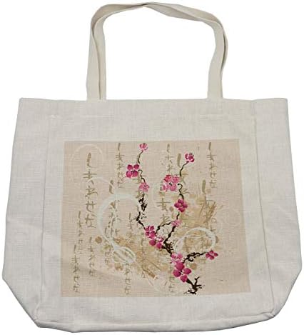 Bolsa de compras de flor de cerejeira de Ambesonne, estilo de pintura em estilo japonês Sakura em fundo sumido com inscrição, bolsa reutilizável ecológica para a praia de mantimentos e mais, 15,5 x 14,5, creme