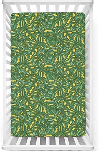 Monstera Folhas com temas de folhas ajustadas Mini lençóis de berço, lençóis mini-berços portáteis Ultra Soft Material Baby para meninos meninas, 24 “x38“, terra amarela samambaia verde