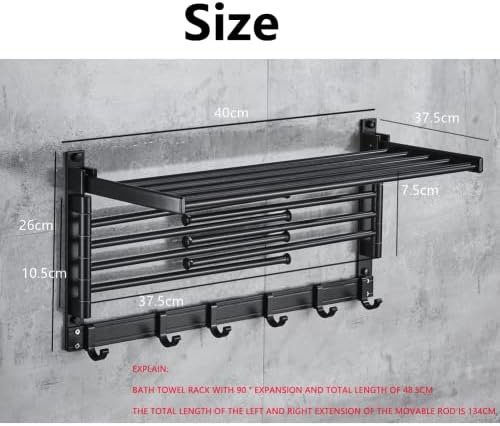 Cack de toalha montado na parede, suporte para barra de toalhas dobrável prateleira de toalha giratória com ganchos