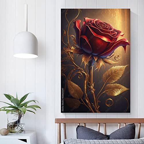 Poster Red Rose Flor Gold Background Bordal Floral Background Home Canvas Pintura Poster de arte de parede para quarto Decoração da