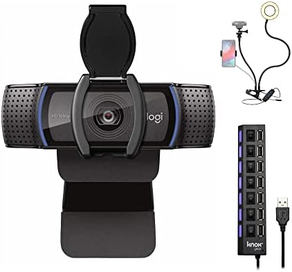 Logitech C920s Pro HD Webcam pacote com hub USB e pacote de luzes de anel